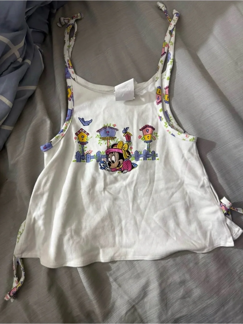Kids White Graphic Tie-Shoulder Tank Top with Colorful Birdhouse Print